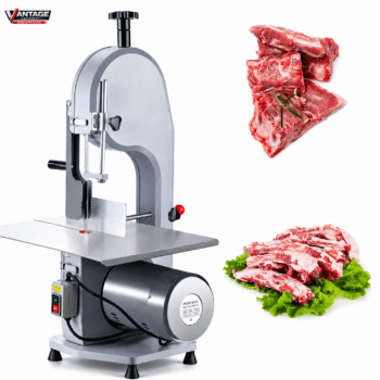 Electric bone saw with a stainless-steel cutting blade and ergonomic handle, designed for cutting through bone in butchery or medical settings.