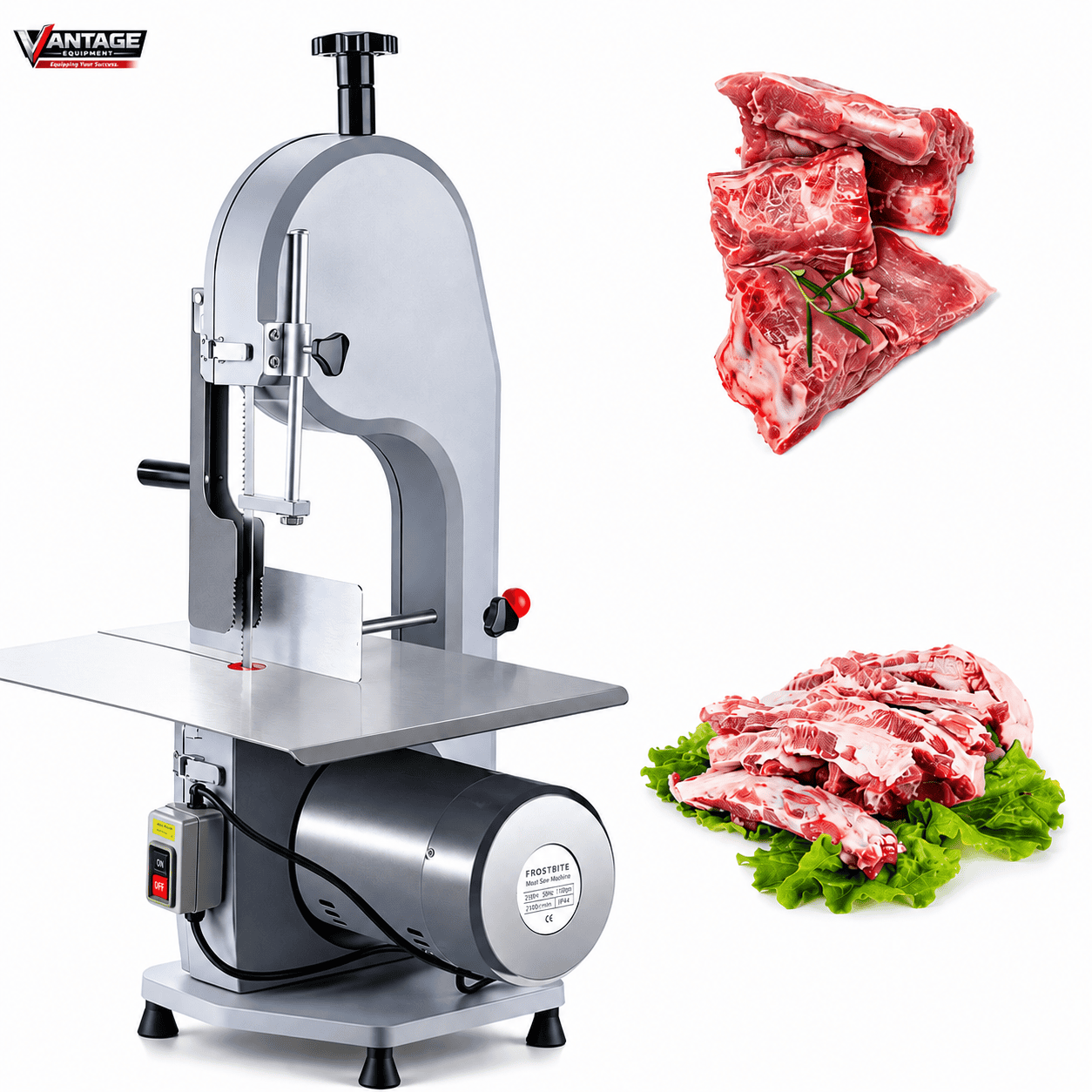 Electric bone saw with a stainless-steel cutting blade and ergonomic handle, designed for cutting through bone in butchery or medical settings.